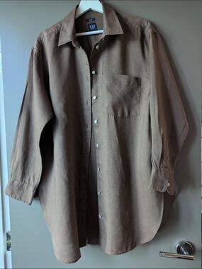 GAP 100% Linen Brown Long Sleeve Button Up Shirt Oversized M Summer Coastal